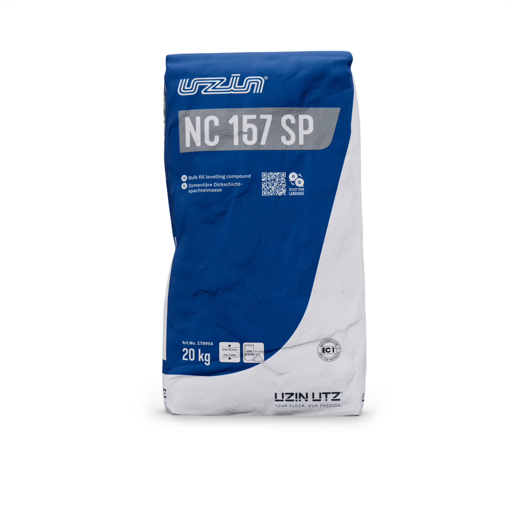 UZIN_Product Image_NC 157 SP_P3_AUS_NZ_2024-05 A bag of UZIN NC 157 SP, a bulk fill leveling compound, designed for floor leveling tasks. The bag is predominantly blue and white, featuring the brand name 'UZIN', product code 'NC 157 SP', and weight specification indicating 20 kg. It also displays instructions and symbols for usage, including a QR code and language options.