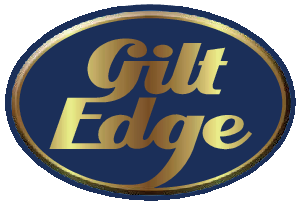 A dark blue oval logo with gold text reading Gilt Edge and smaller white text above saying Distributed by.