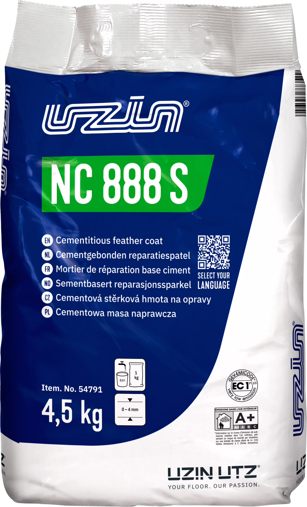 UZIN_Dummy_NC 888 S-4,5kg_INT_2025-09 Photo of a 4.5 kg bag of UZIN NC 888 S, a cementitious feather coat. The plastic packaging is blue and white with a green NC 888 S label and the UZIN logo at the top. Visible texts include the product name, multilingual descriptions, a QR code reading 'Select your language', item number 54791, a mixing icon suggesting approximately 0.5 l water per 1 kg, recommended application thickness 0–4 mm, low-emission certification EC1 Plus and an A+ indoor emission label. Intended use: cement-based repair and smoothing mortar for floor repairs and leveling. The weight '4,5 kg' is printed prominently. The bag shows creases and a barcode on the right edge.
