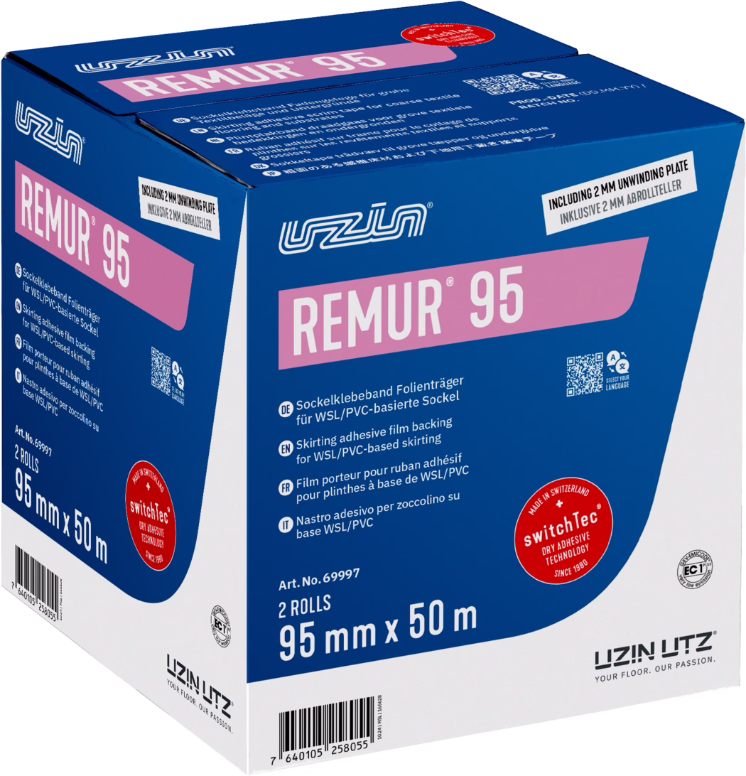 UZIN_Dummy_Remur 95-carton_2024-10 A cardboard box for REMUR 95, containing skirting adhesive film backing. The box is predominantly blue with pink accents, clearly indicating product information. It includes the brand name UZIN and shows that it contains 2 rolls, each measuring 95 mm by 50 m. The box also displays a QR code and notes that it is made in Switzerland, featuring dry adhesive technology.